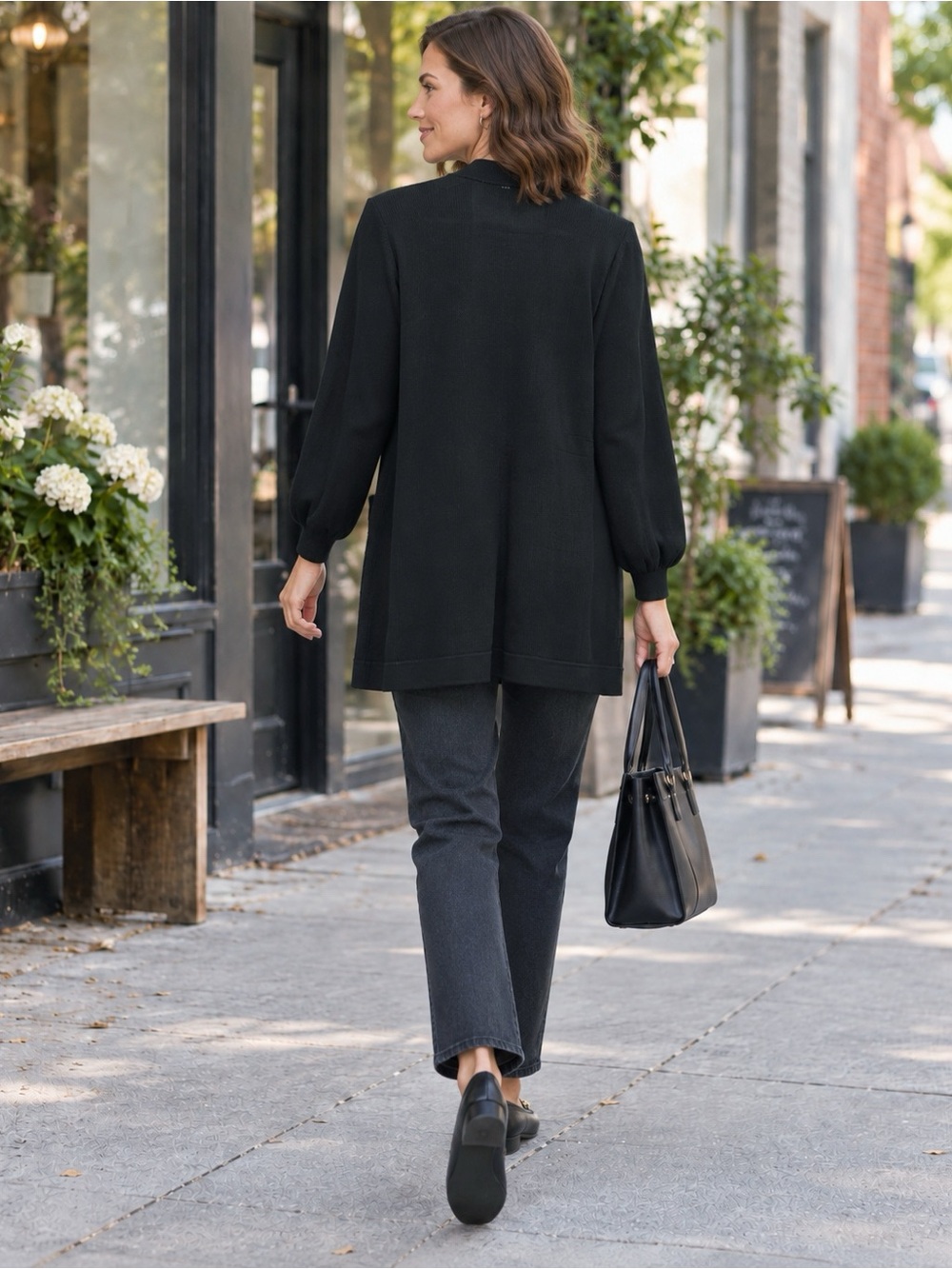 Vintage ST. JOHN Basics Santana Knit Open Front Long Cardigan in Black Sz S - Picture 2 of 16